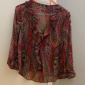 Zara Women's Paisley Ruffle Blouse - Red and Green